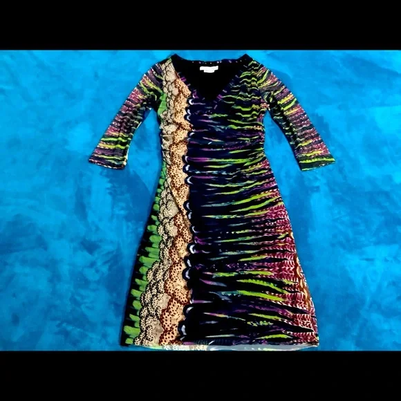 Kay Unger Dresses | Kay Unger Mesh V Neck Faux Wrap High Waist 3/4 Sleeve Lined Dress | Color: Green/Purple | Size: S | Siabikus68'S Closet